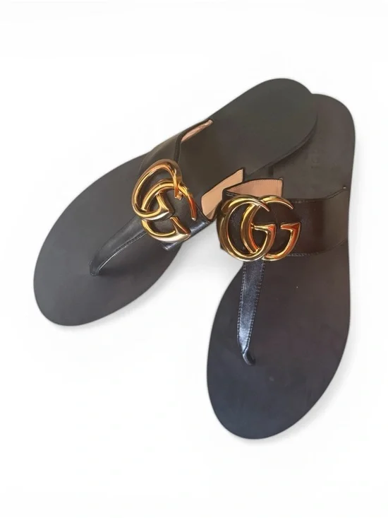 Gucci Black Leather GG Interlocking Logo Thong Sandals New euro 37 - Picture 3 of 4